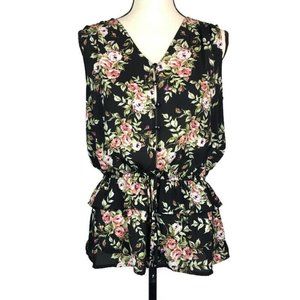 Pleione Floral Button Front Peplum Blouse Womens S Sleeveless Ruffle Waist Tie